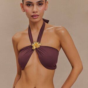 Meshki Carissa Floral Hardware Halter Bikini Top - Chocolate